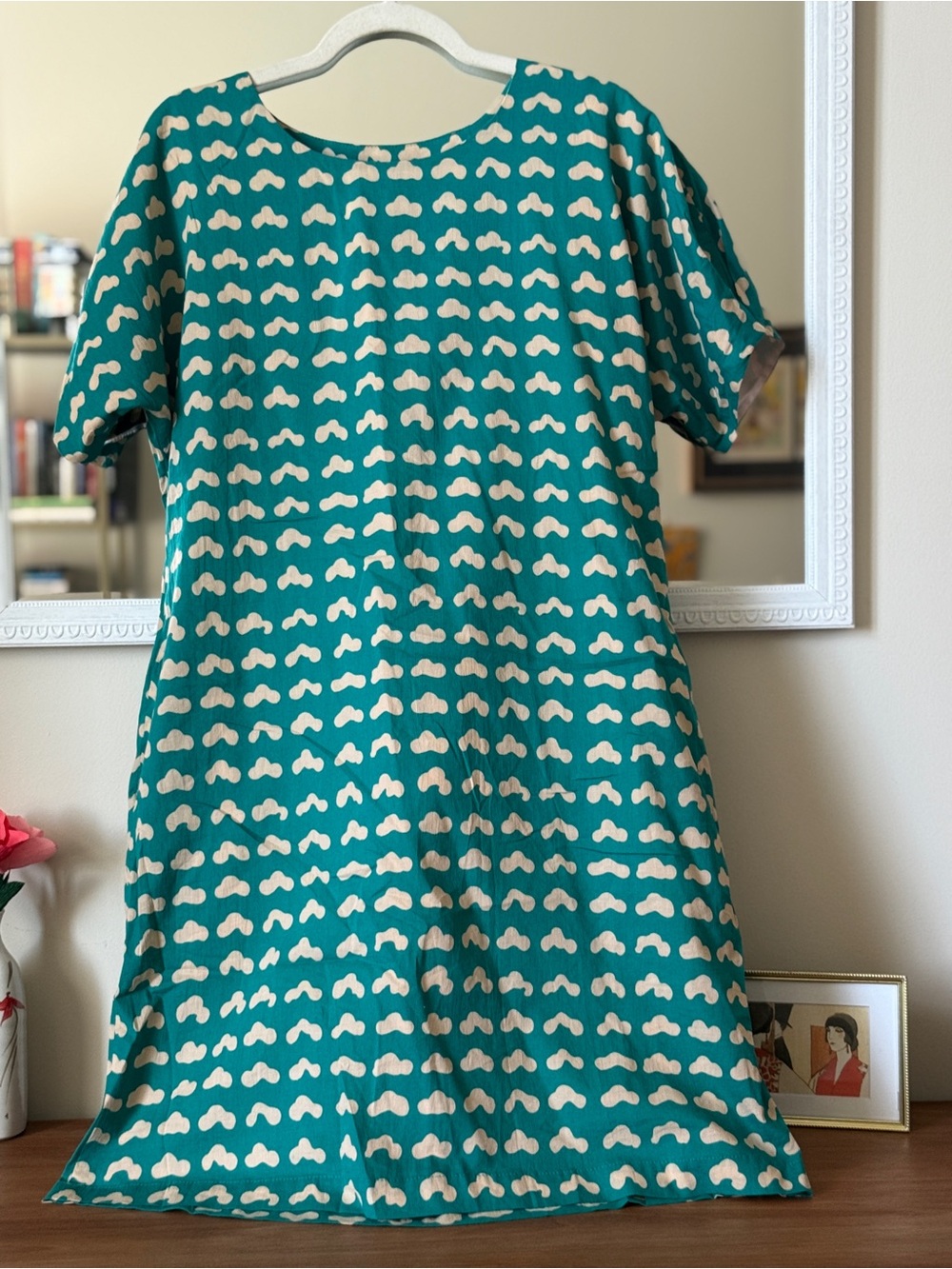 Marimekko Lined Cotton Shift Dress | Teal & Cream Print | Very Good Pre-Loved